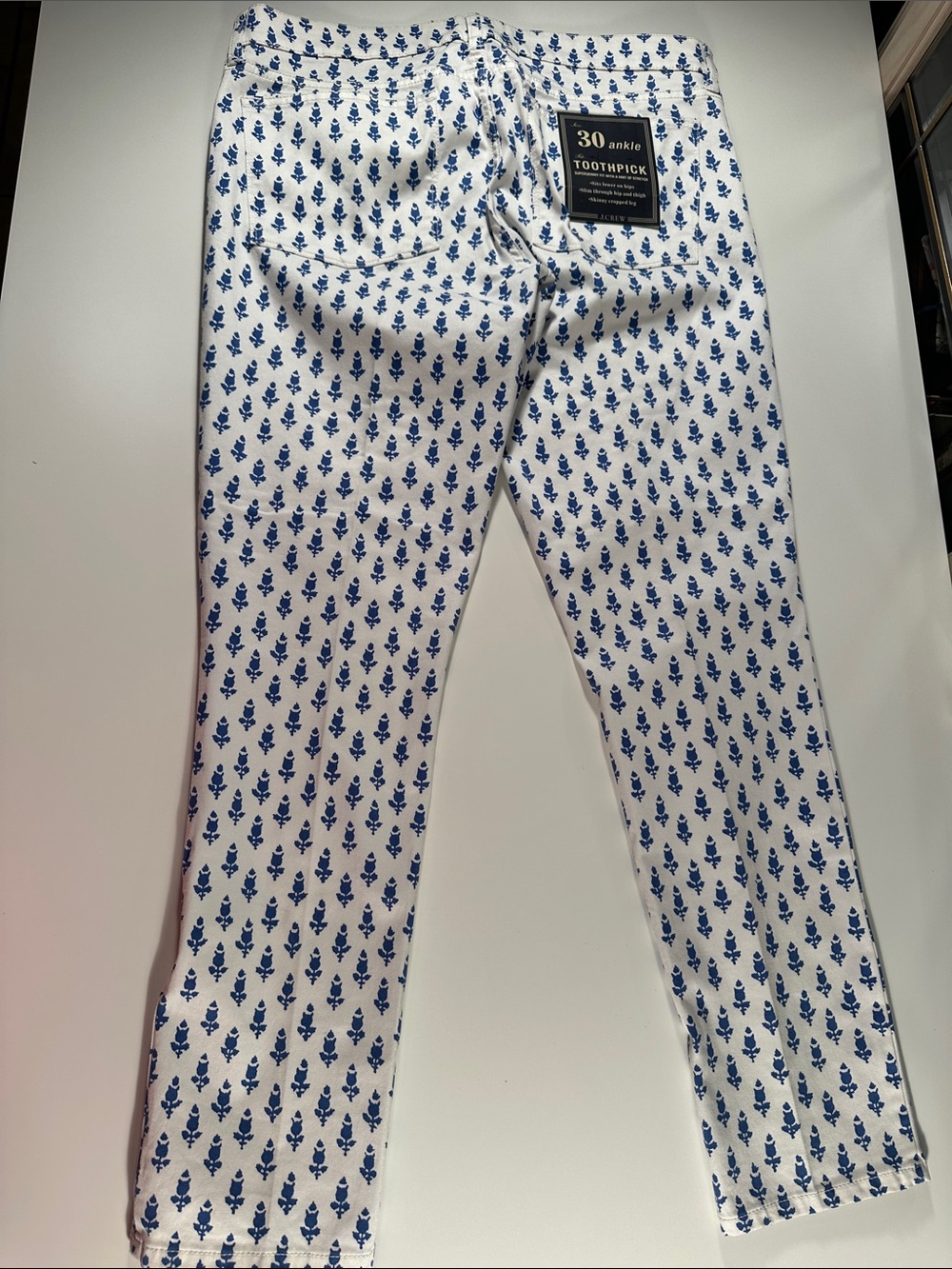 J. Crew Men’s Toothpick Ankle Jeans in White with Blue Print